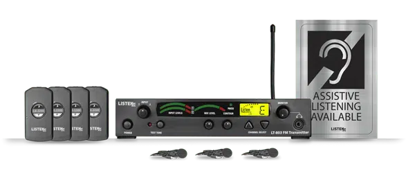 Assistive Listening DSP Value Package (72 MHz) composite showing transmitter, four receivers, Assistive Listening Available sign, and three ear bud sets.