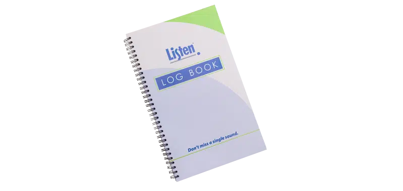 Spiral-bound notebook with Listen and the words LOG BOOK on the cover