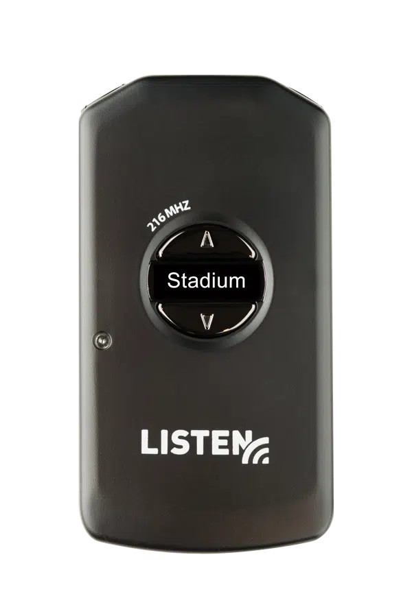Black LR4200 216 MHz radio frequency receiver with the word stadium displaying as the channel name and the Listen Technologies logo