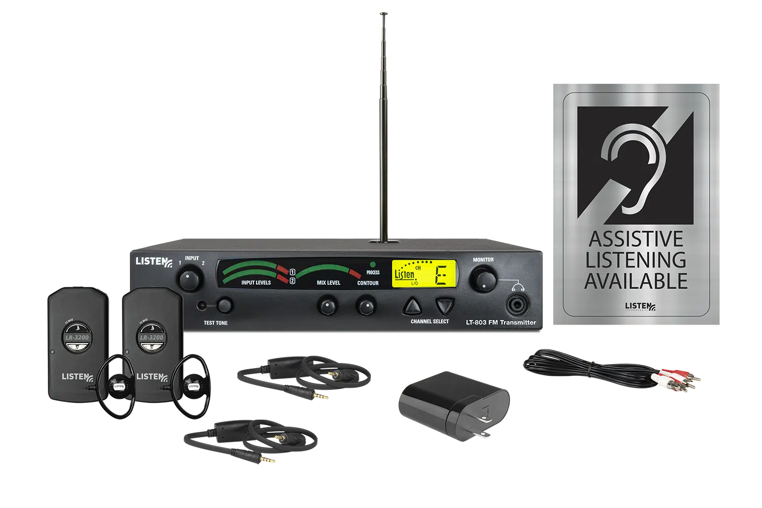 Composite image of a radio frequency system featuring one transmitter, two receivers, two ear buds, two neck loops, one charging cord, signage, and one charging block,