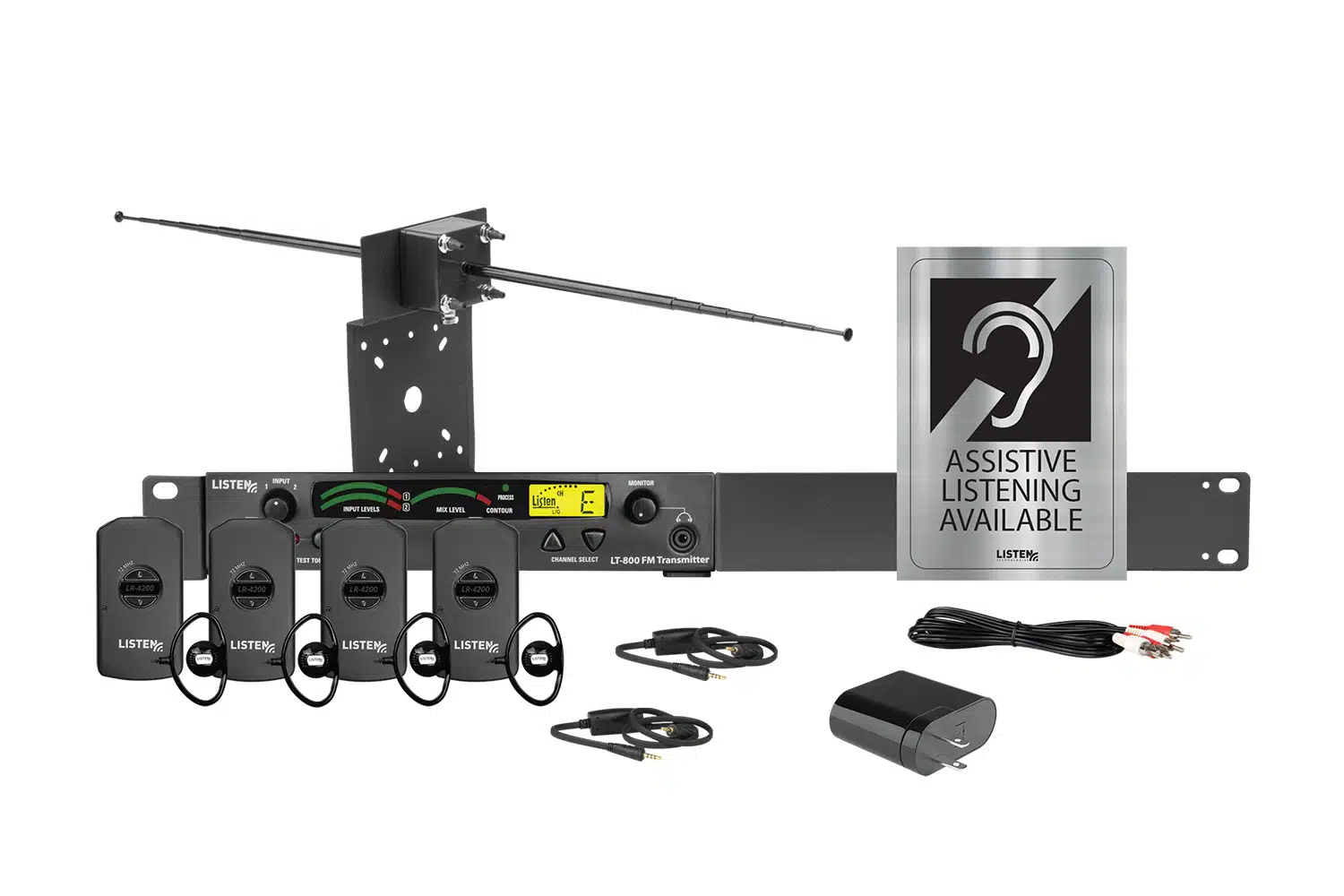 This picture is of the Listen iDSP Essentials Level 2 Stationary RF System (72 MHz), which includes one (1) 3-Channel RF Transmitter (72 MHz), one (1) Universal Antenna Kit (72 MHz and 216 MHz), one (1) Universal Rack Mounting Kit, four (4) Intelligent DSP RF Receiver (72 MHz), four (4) Universal Ear Speaker, two (2) Intelligent Ear Phone/Neck Loop Lanyard, one (1) Dual RCA to Dual RCA Cable 6.6 ft. (2 m), one (1) 4-Port USB Charger, and one (1) Assistive Listening Notification Signage Kit.