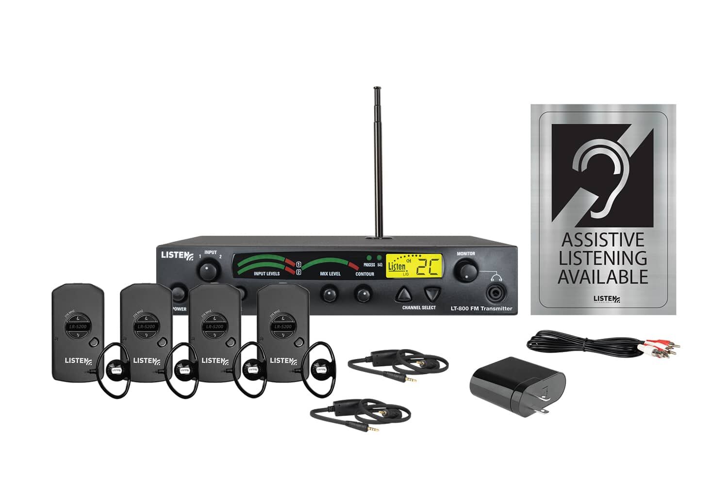 Composite image of an RF system featuring one RF transmitter, one antenna, four receivers, four ear buds, two neck loops, one USB charging block, one charging cord, and signage.