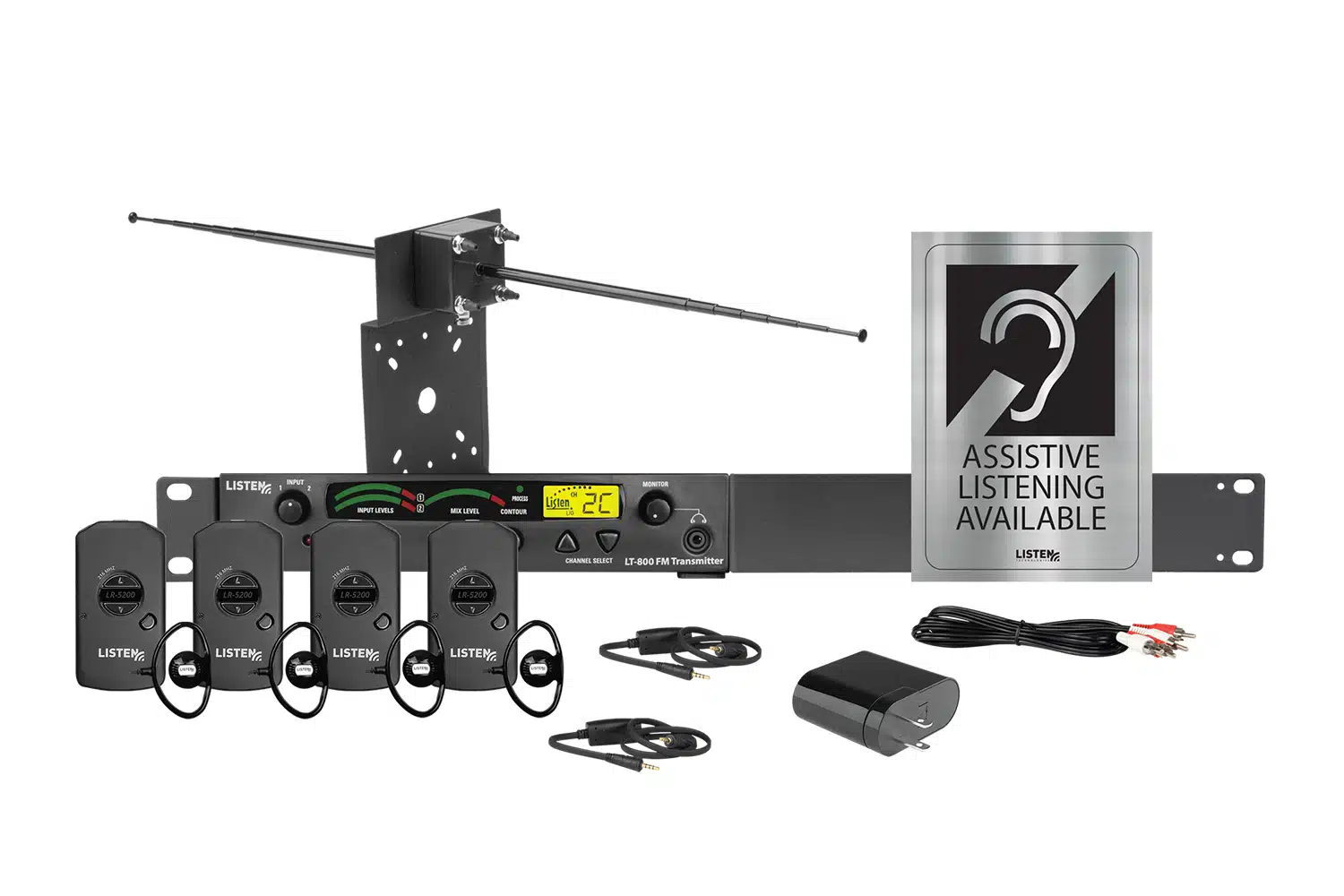 Composite image of an RF system featuring an RF transmitter, antenna, four receivers, four ear buds, two neck loops, a USB charging block, charging cord, and signage.