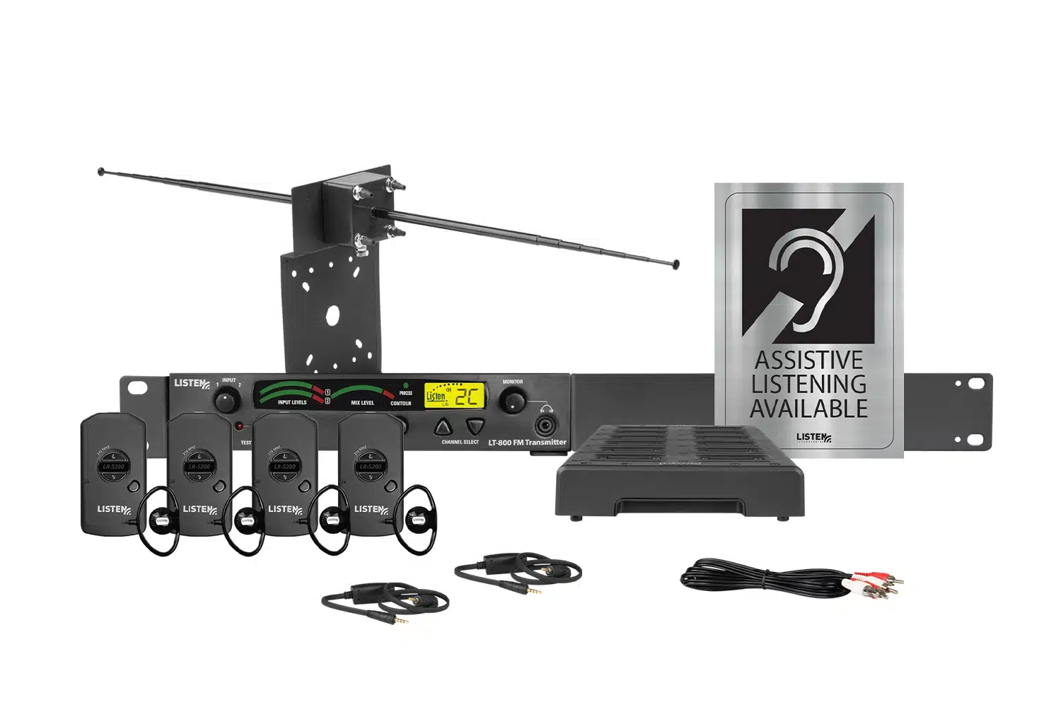 Composite image of an RF system featuring a transmitter, antenna, four receivers, four ear buds, two neck loops, one docking station, and signage.