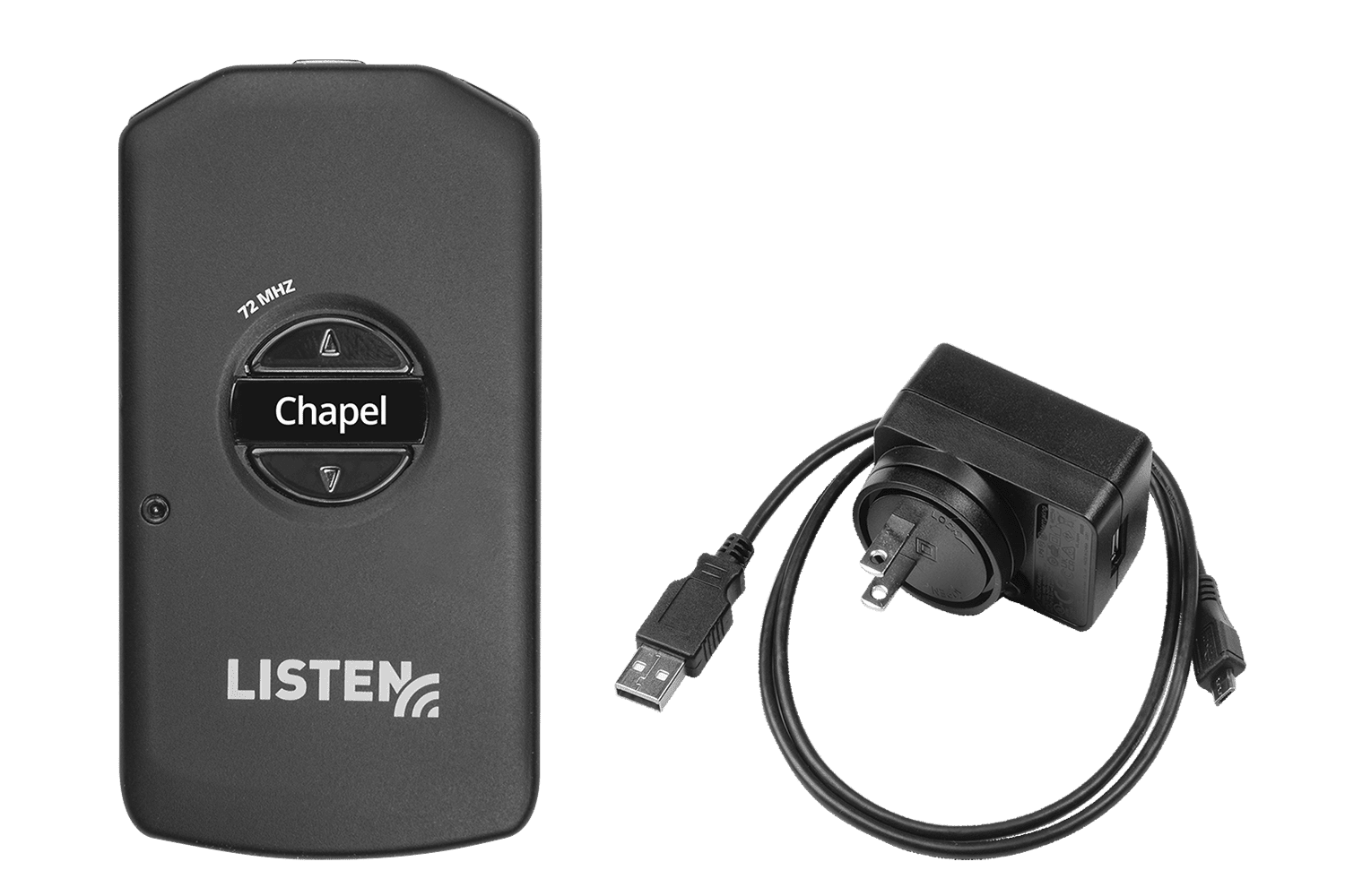 One RF receiver with a charging cord.