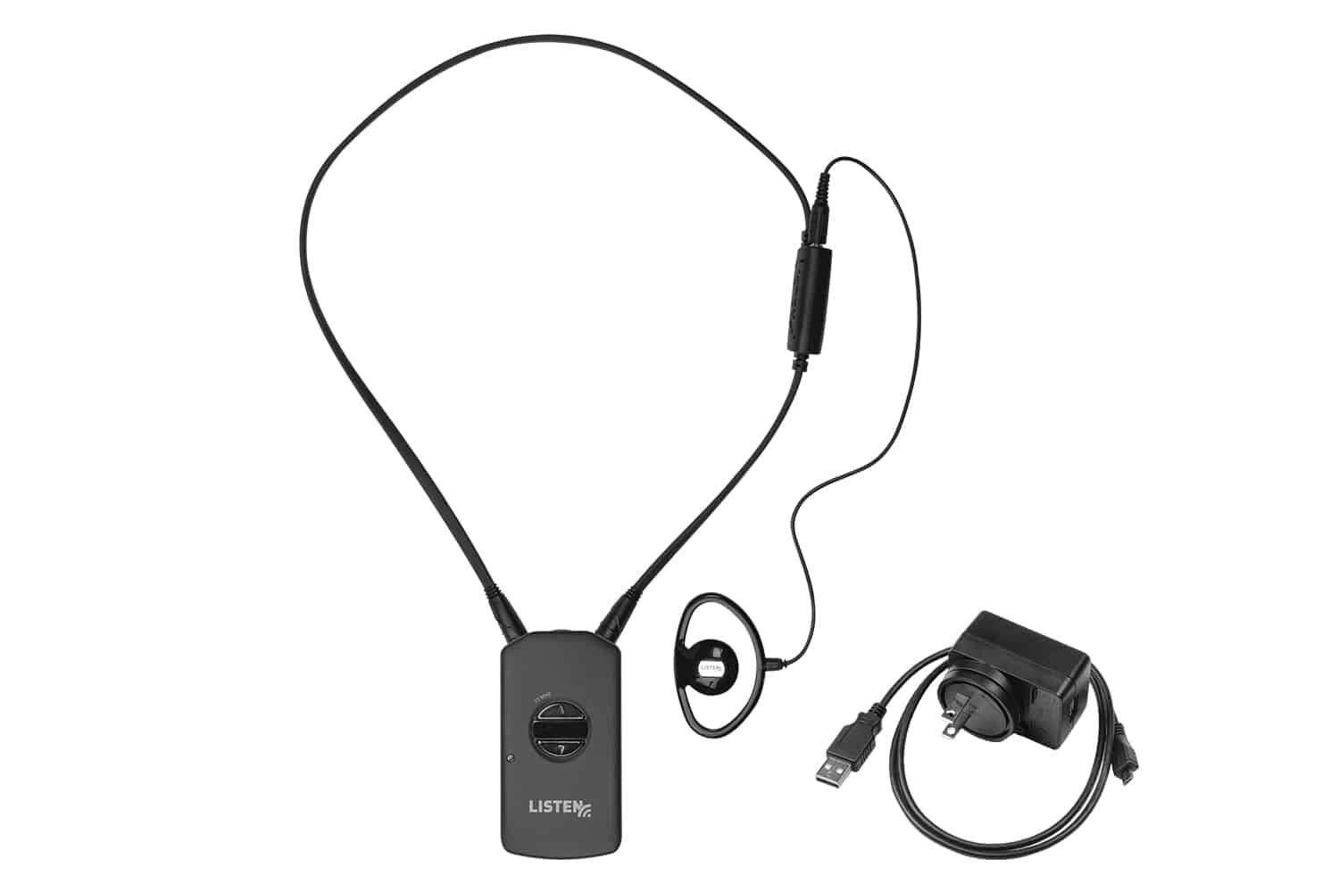RF receiver with a neck loop, ear bud, and charging cord.