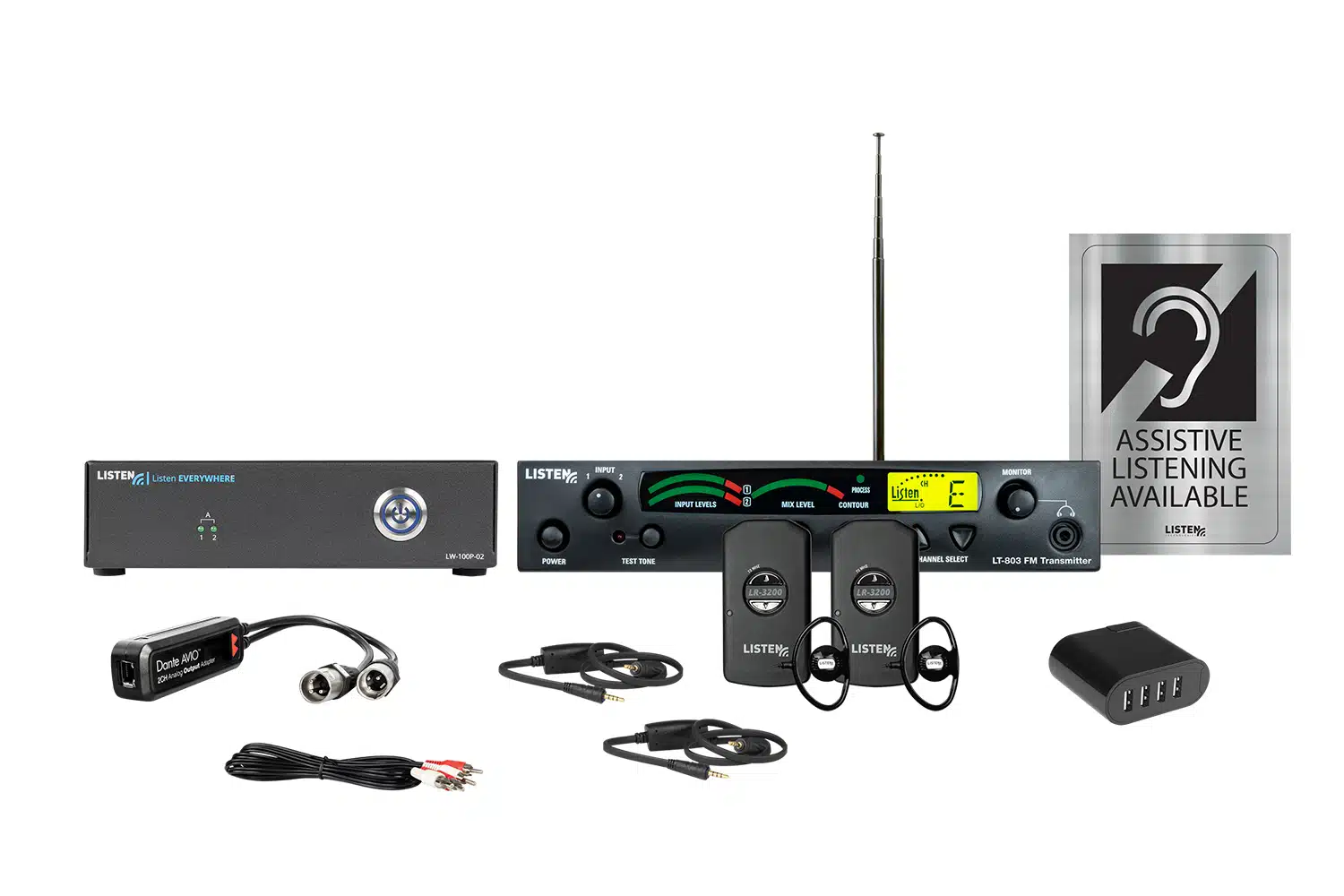 Image of combo radio and wifi system with two receivers, two earbuds, two neck loops, a dante dongle, a charger, and signage.