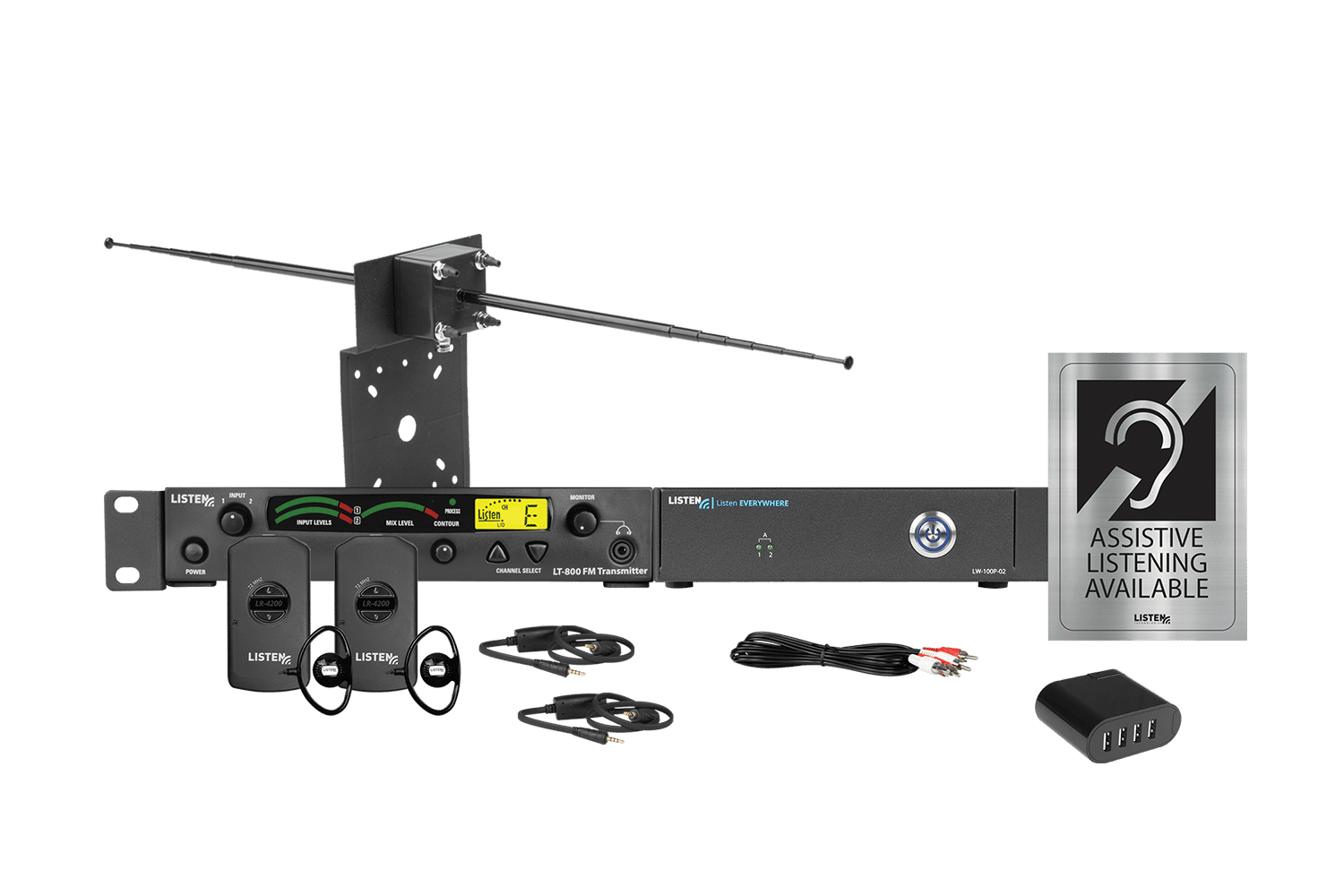 Composite image of a combo system featuring RF transmitter, WiFi server, two RF receivers, two neck loops, one charger, one USB port charger, signage, and an antenna.