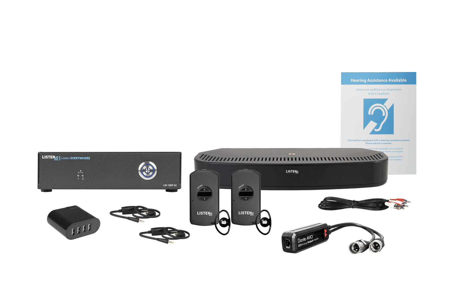 Composite image of a combo system featuring a WiFi server, Infrared transmitter/radiator, one 4-port USB charger, two neck loops, two IR receivers, one Dante dongle, one charging cord, and signage.