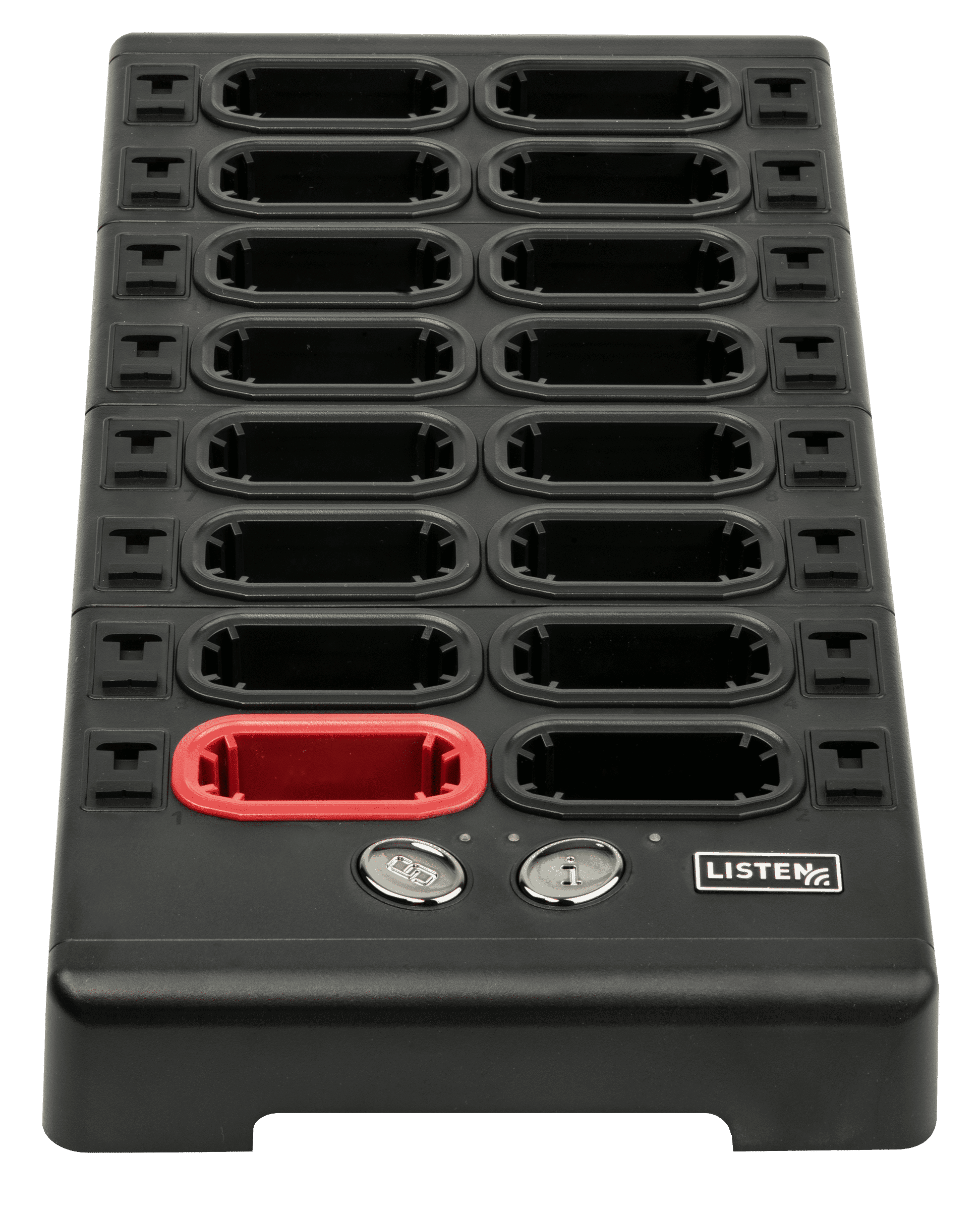 LA-480 Docking Station 16 with 16 slots for charging 16 ListenTALK transceivers and receivers, a pairing button, storage for leader clips, an info button, and the Listen Technologies logo