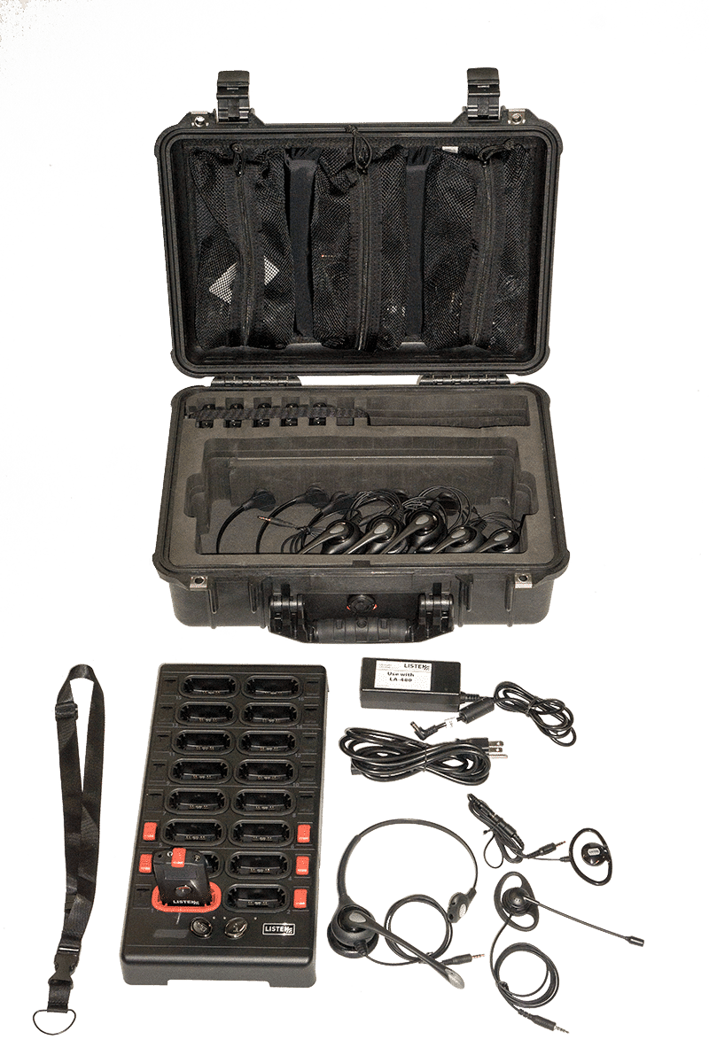 Product family photo of LK-DK1 contents including lanyards, headsets, docking station, hard carrying case, etc.