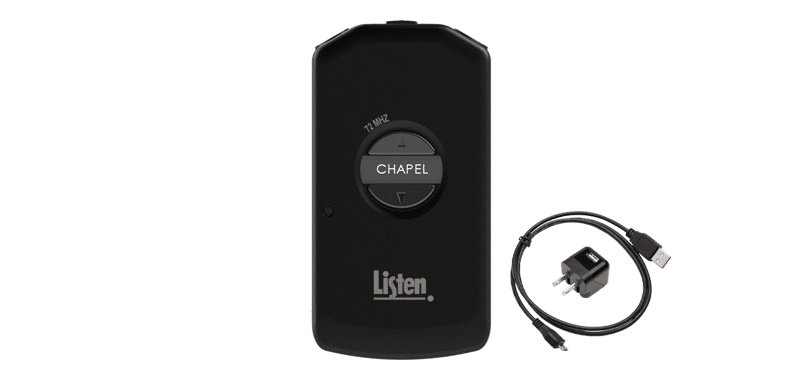 Meeting house receiver package with LR4200 72 MHz receiver, with the word chapel showing as the channel name, along with a 1 port USB charging cord