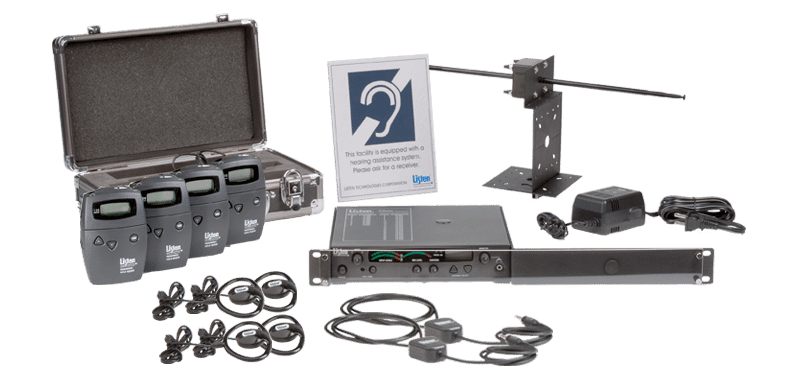 Product photo of a radio frequency system with four receivers, 4 headphones, two neckloops, one server and one antenna with compliance signage