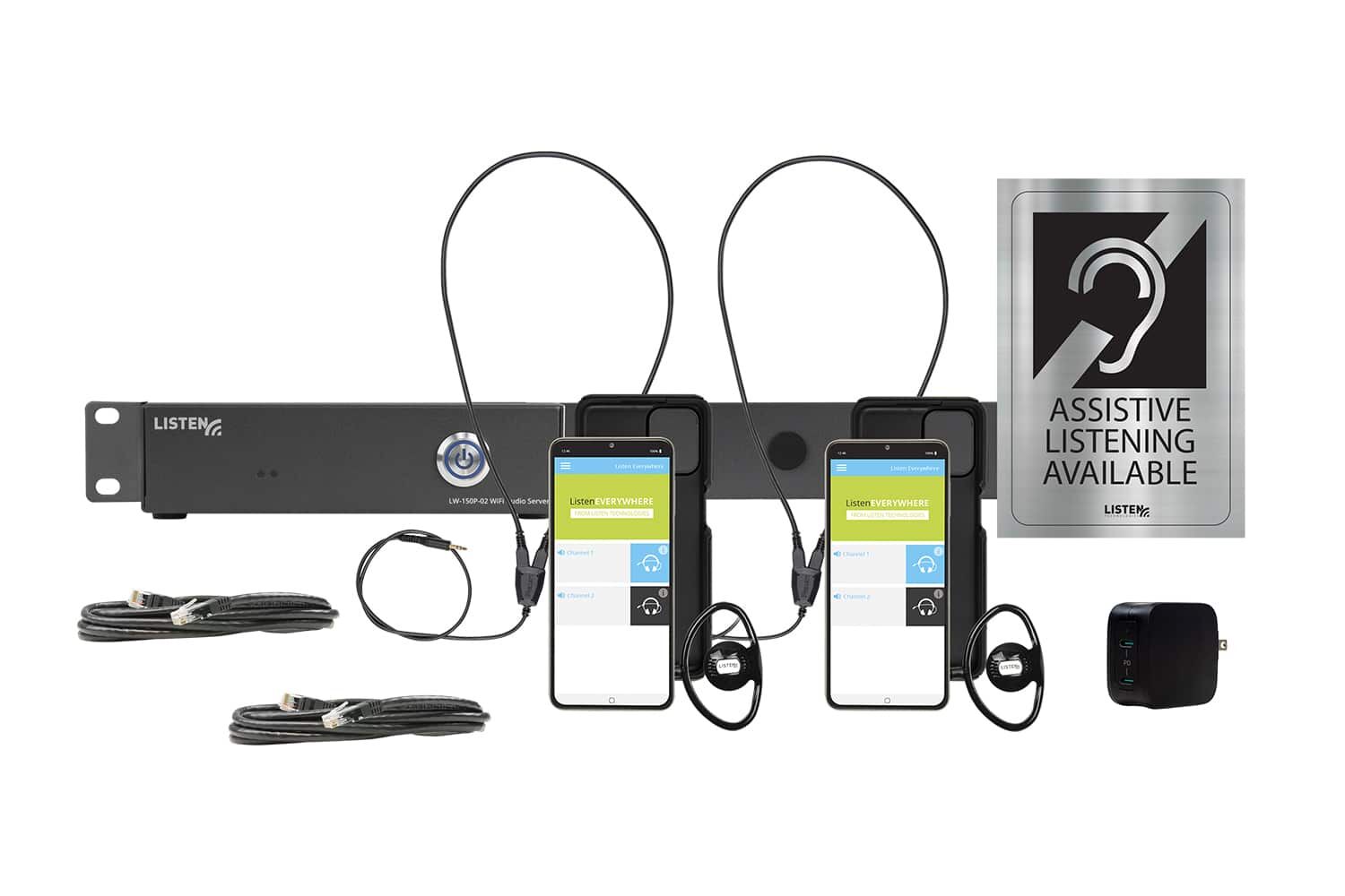 Complete ListenWIFI system equipped with two receivers, two phone cases, two ethernet cables, two neck loops, a charger, and signage.
