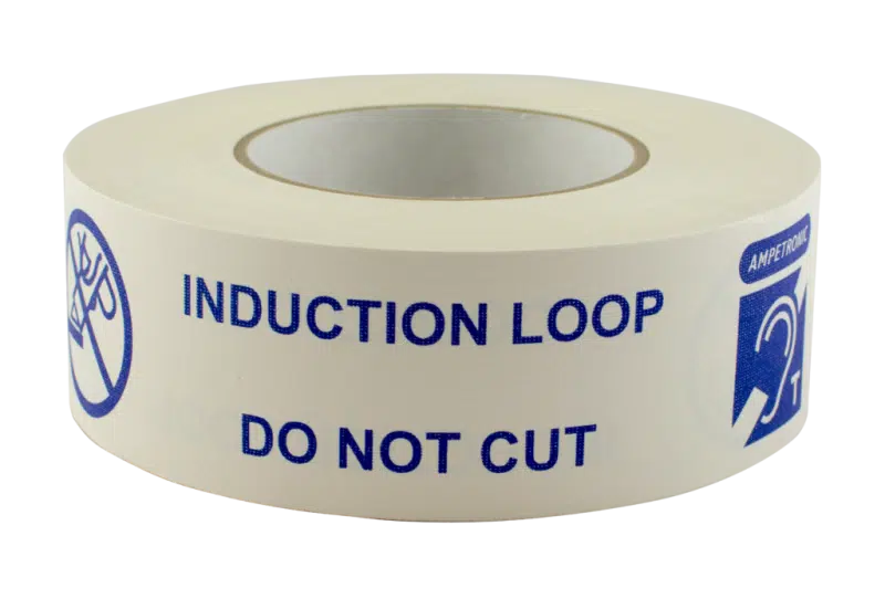 Image of tape with induction loop warning that has "INDUCTION LOOP - DO NOT CUT" printed on the tape.