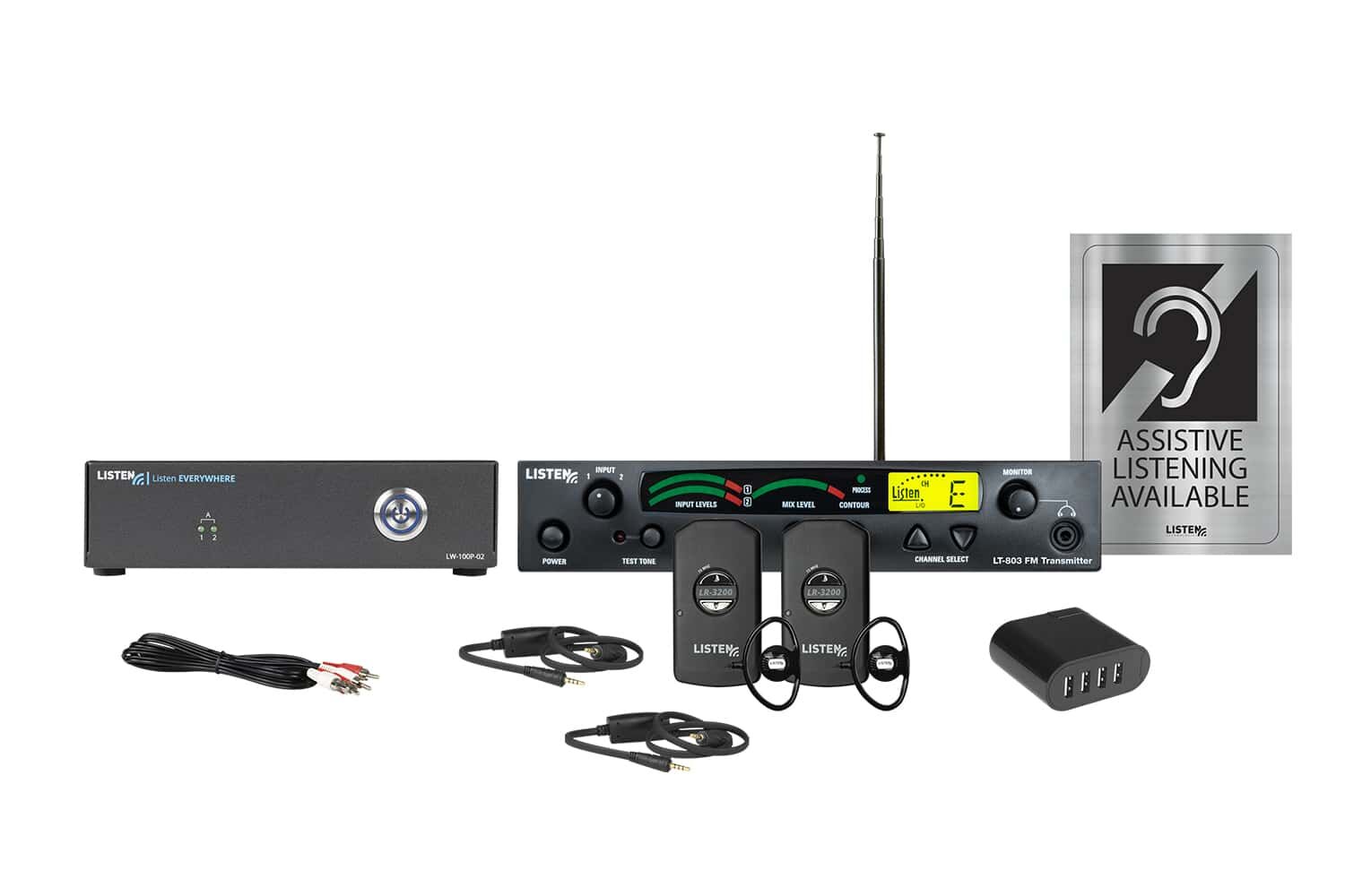 Composite image of a combo system including radio frequency and Wi-Fi: featuring one RF transmitter, one WiFi server, two neck loops, two receivers, one charger, one 4-port USB charger, and signage.