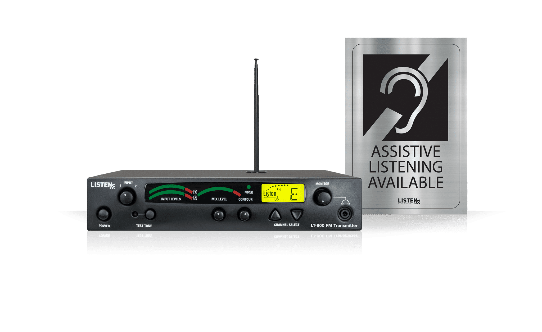 Stationary 72 MHz RF Transmitter Package with Assistive Listening Available metallic sign with black lettering