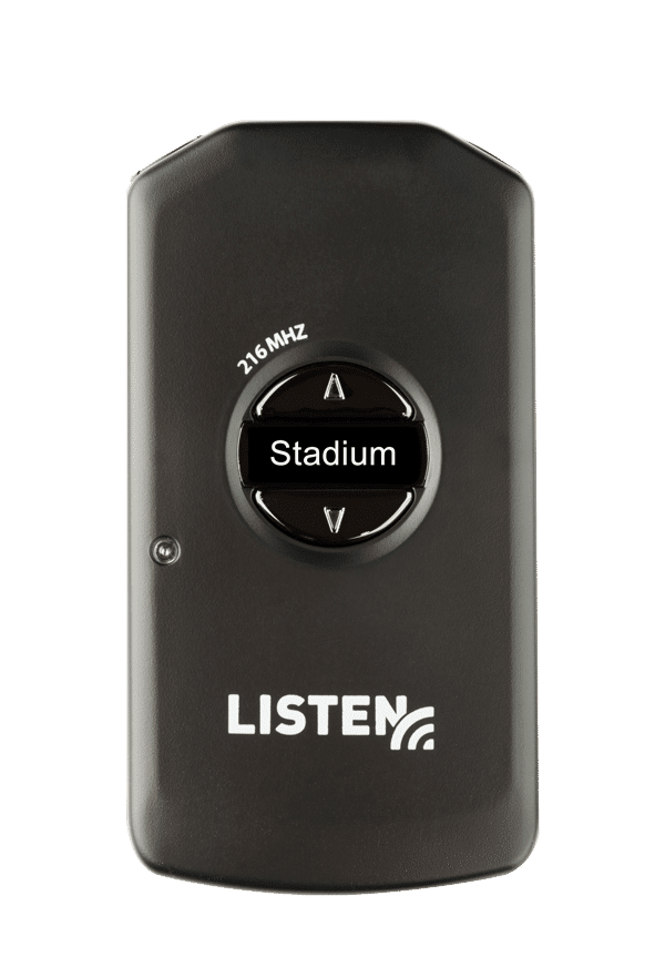 Black LR4200 216 MHz radio frequency receiver with the word stadium displaying as the channel name and the Listen Technologies logo