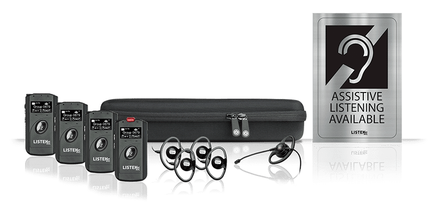 ListenTALK Americans with Disabilities Act (ADA) portable assistive listening kit which includes four transceivers (two-way devices), four over the ear speakers, one headset with mic, a carrying case, and an assistive listening available sign