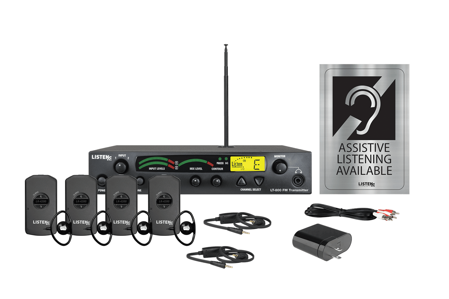 Composite image of an RF system featuring one transmitter, one antenna, four receivers, four ear buds, two neck loops, charging cord, one 4-port USB charger, and signage.