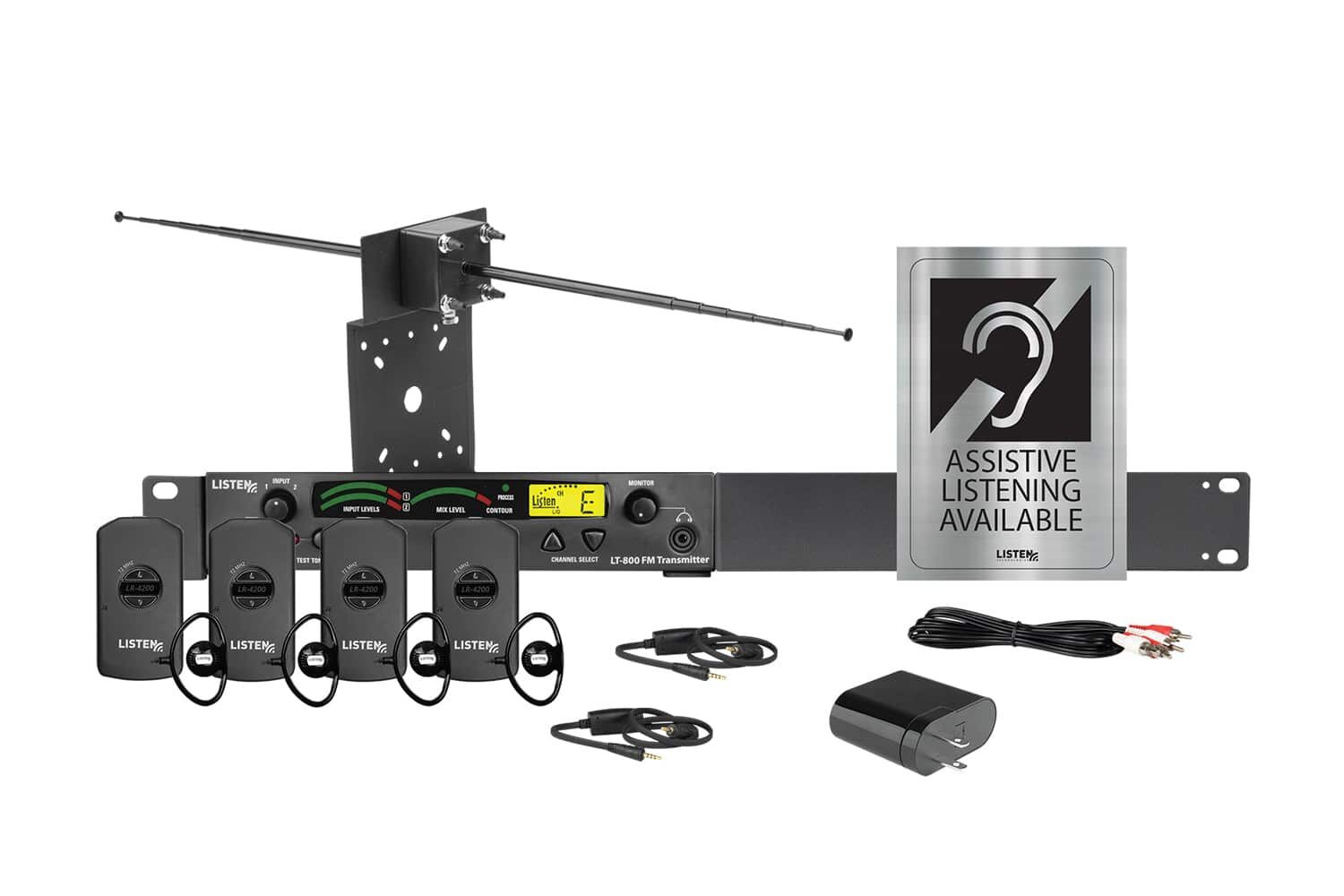 This picture is of the Listen iDSP Essentials Level 2 Stationary RF System (72 MHz), which includes one (1) 3-Channel RF Transmitter (72 MHz), one (1) Universal Antenna Kit (72 MHz and 216 MHz), one (1) Universal Rack Mounting Kit, four (4) Intelligent DSP RF Receiver (72 MHz), four (4) Universal Ear Speaker, two (2) Intelligent Ear Phone/Neck Loop Lanyard, one (1) Dual RCA to Dual RCA Cable 6.6 ft. (2 m), one (1) 4-Port USB Charger, and one (1) Assistive Listening Notification Signage Kit.