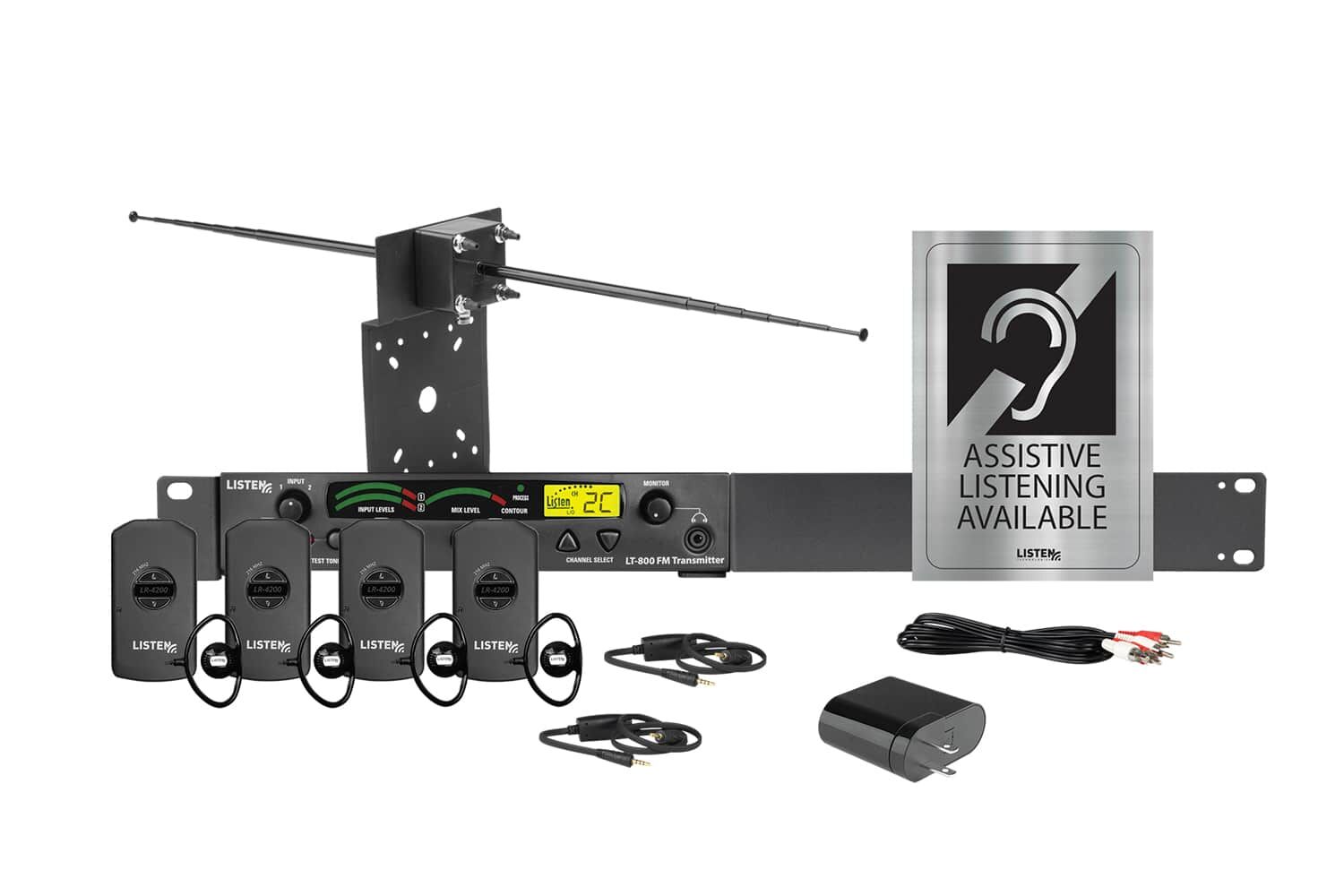 Composite image of an RF system with an RF transmitter, one antenna, four receivers, four ear buds, two neck loops, one charging block, one charging cord, and signage.