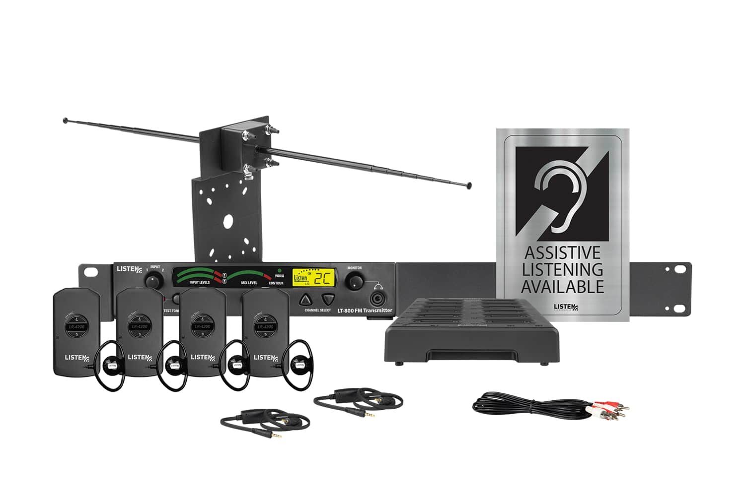Composite image of an RF transmitter, one antenna, one docking station, four receivers, four ear buds, two neck loops, one charging cord, and signage.