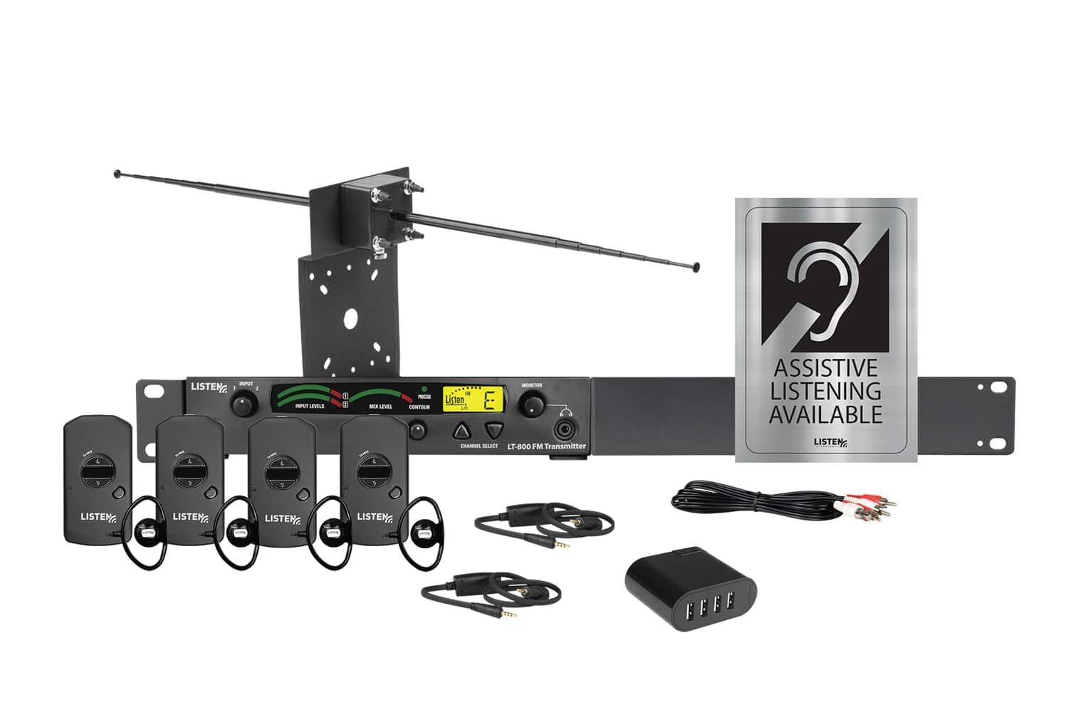 Composite image of one RF transmitter, one antenna, charging cord, 4-port charging block, four receivers, four earbuds, two neck loops, and sigange.