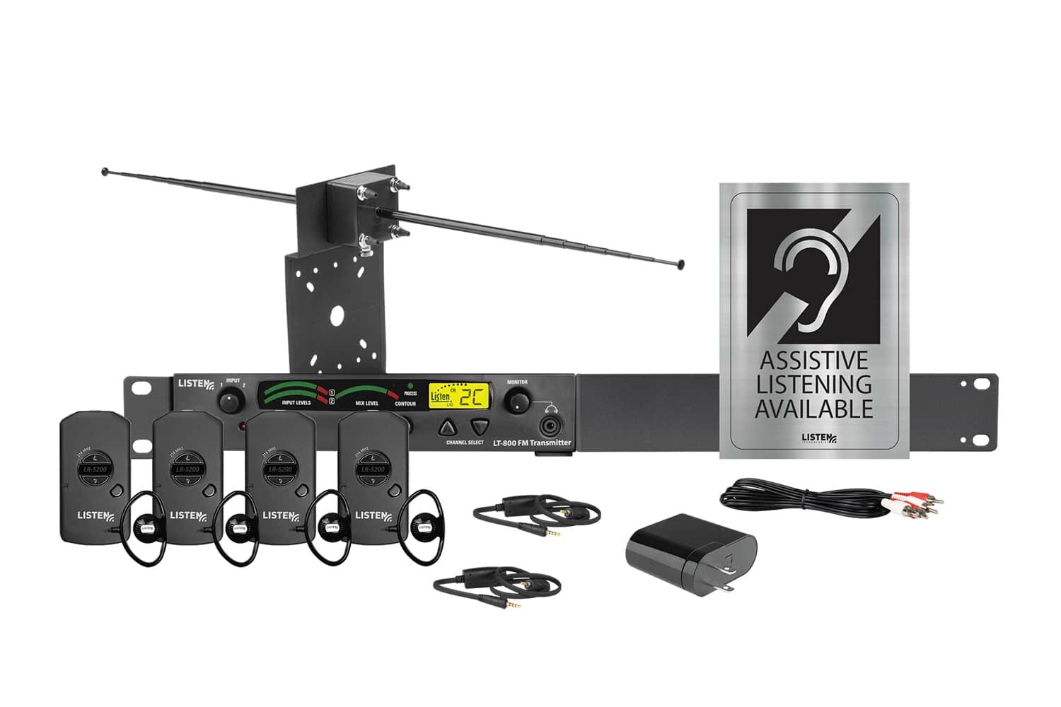 Composite image of an RF system featuring an RF transmitter, antenna, four receivers, four ear buds, two neck loops, a USB charging block, charging cord, and signage.