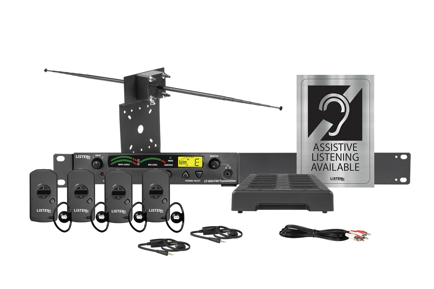 Composite image of an RF system with one RF transmitter, four receivers, one antenna, one docking station, two neck loops, and signage.