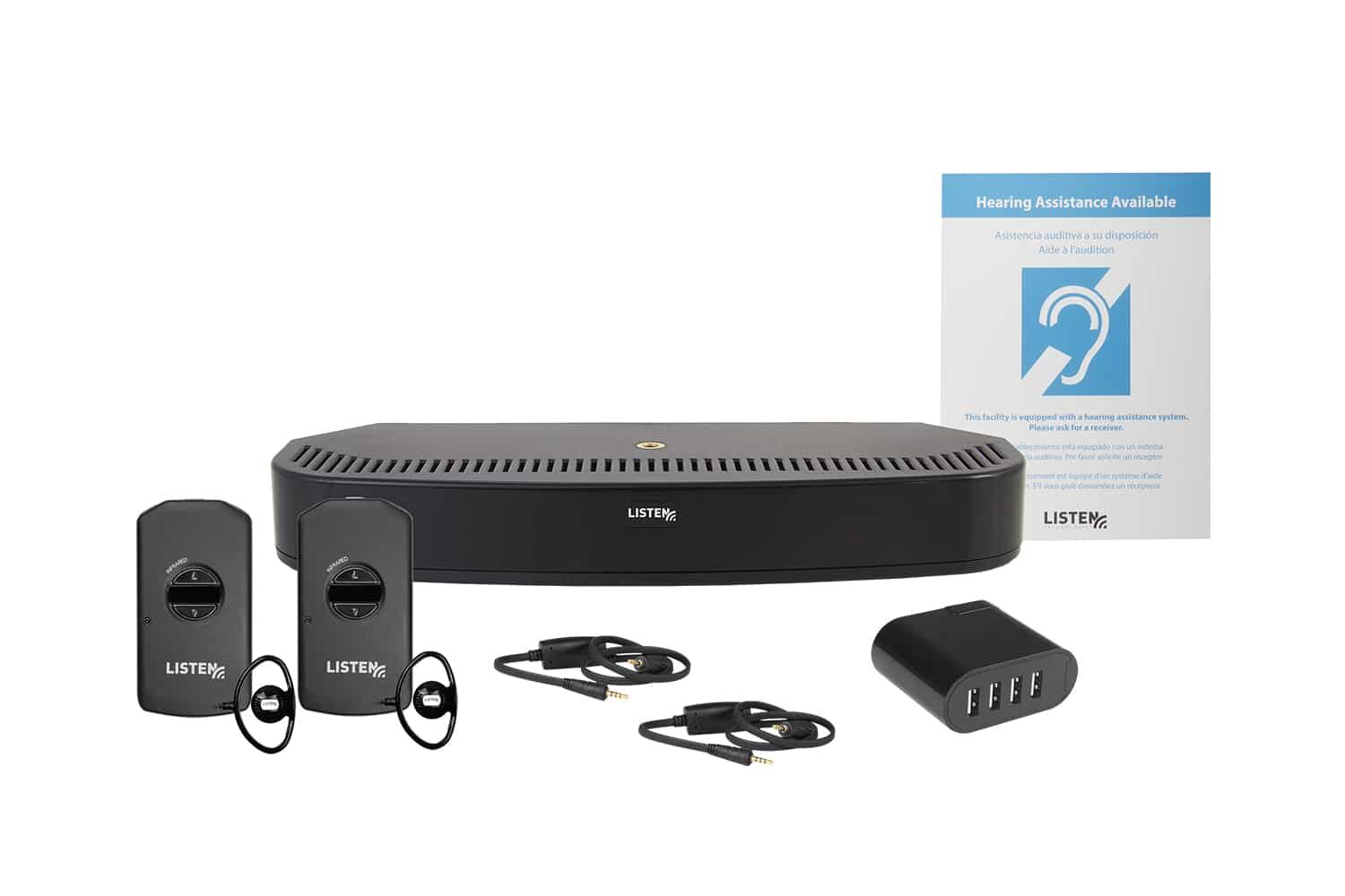 This picture includes one (1) ListenIR Transmitter/Radiator Combo, two (2) Intelligent DSP IR Receiver, two (2) Intelligent Ear Phone/Neck Loop Lanyard, two (2) Universal Ear Speaker, and one (1) 4-Port USB Charger.