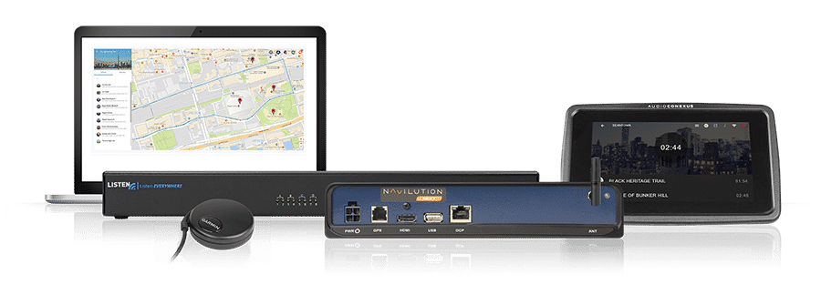 Product family photo of the Listen Navilution and Listen Everywhere servers with GPS displays