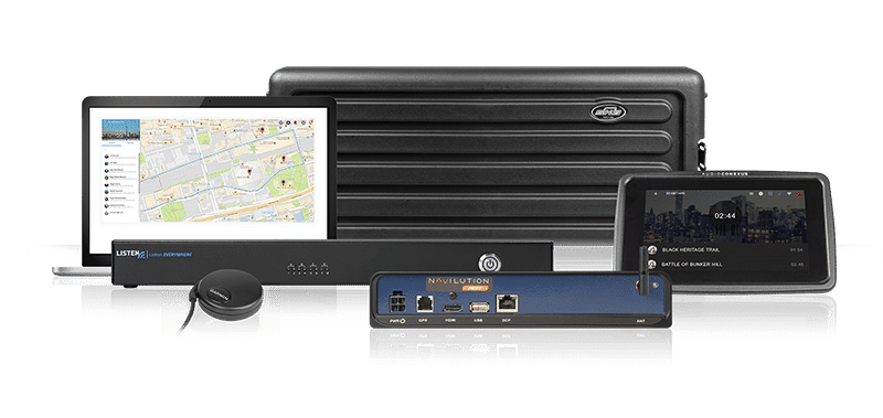 ListenTech Navilution ListenEverywhere LNS-308N 8 Portable System Collage showing a computer screen with the Cortex software showing a map, a Listen EVERYWHERE server, GPS antenna, digital control panel, Navilution server, and portable carrying case.