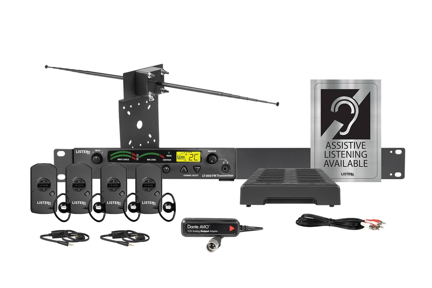 Composite image of an RF system featuring RF transmitter, antenna, four receivers, four ear buds, two neck loops, one Dante dongle, one charging cord, one docking station, and signage.