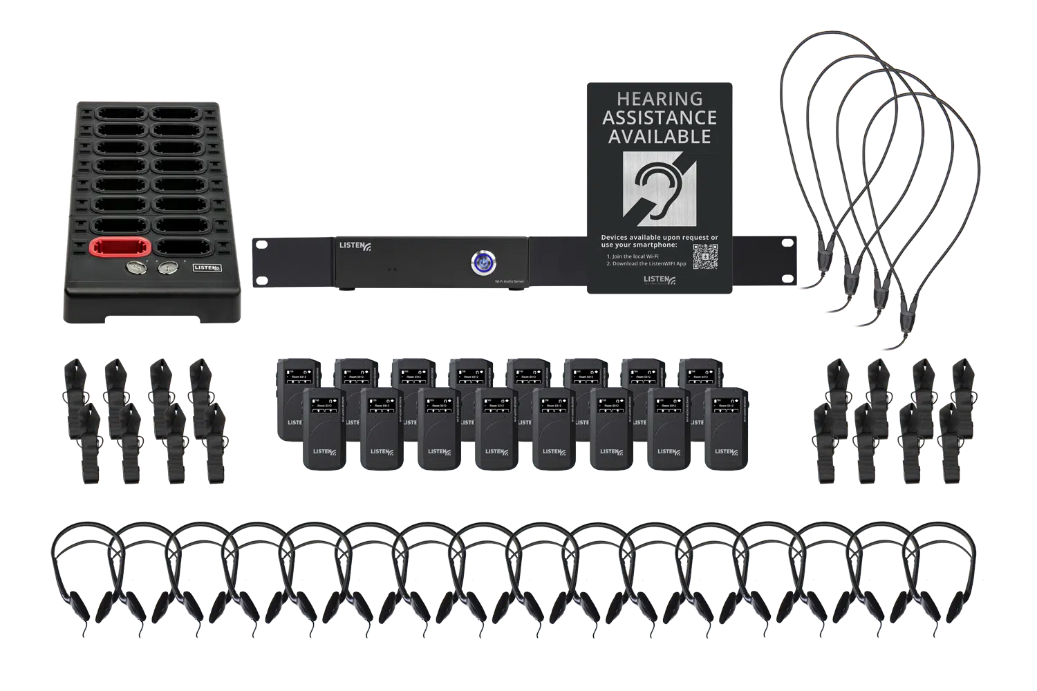 Composite image of a WiFi system featuring one server, one docking station, four neck loops, sixteen receivers, sixteen headphones, sixteen neck loops, sixteen neck straps, and signage.