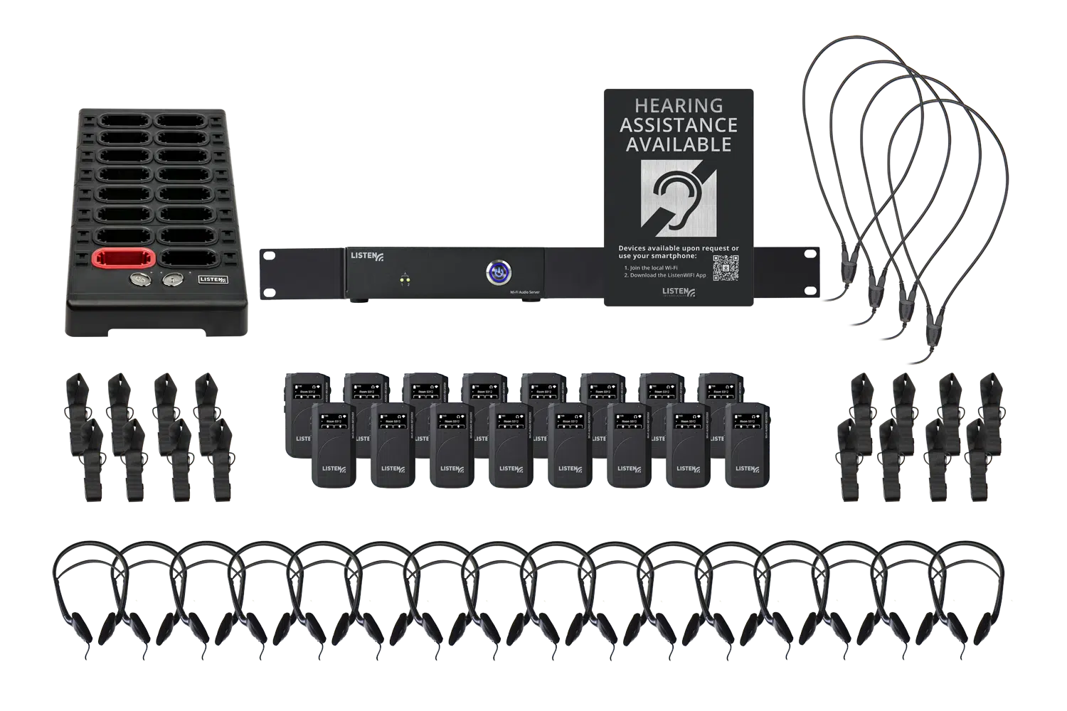 Composite image of our WiFi system including sixteen receivers, sixteen headphones, four neck loops, one docking station, and signage.