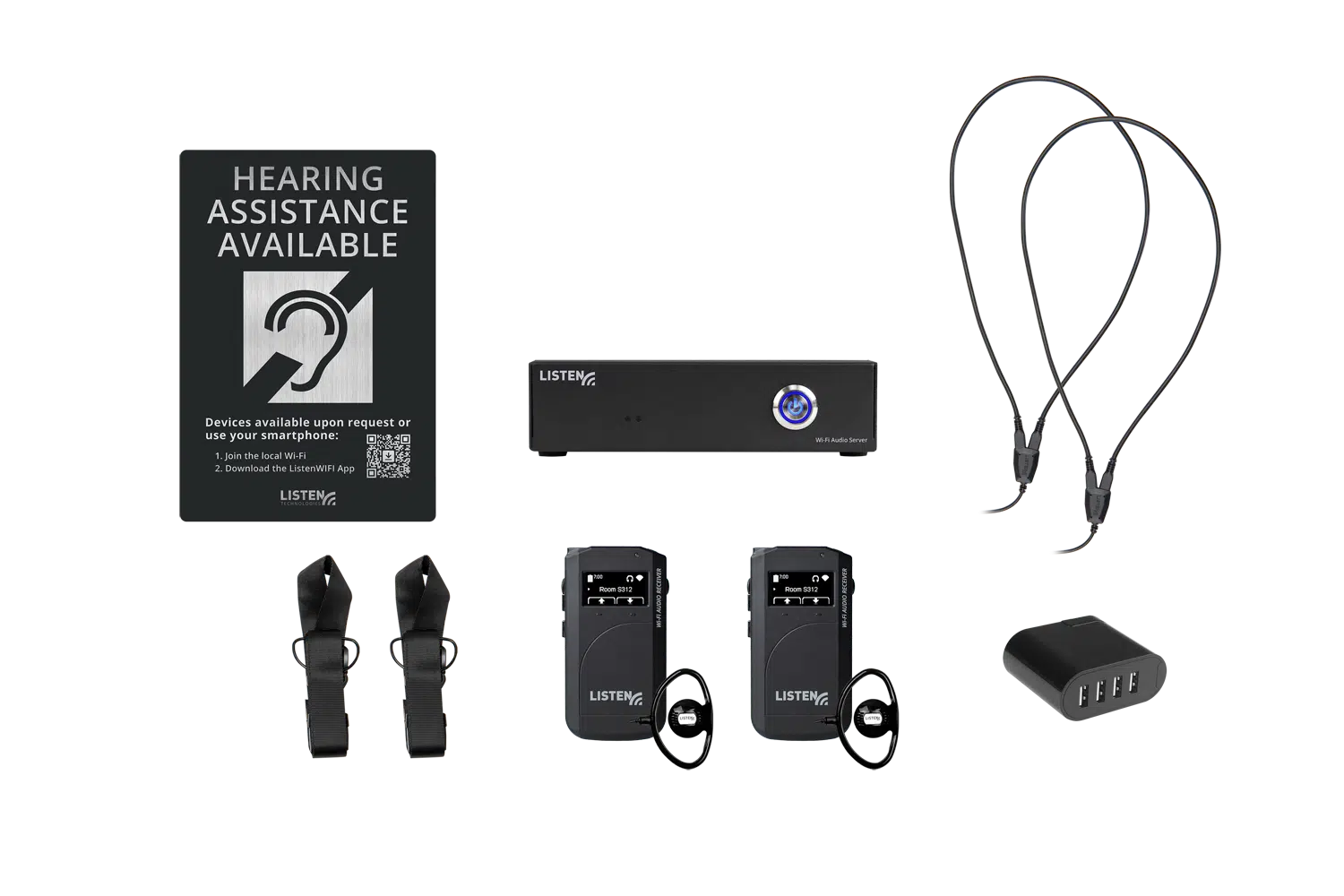 Composite image of a wifi system including one server, two receivers, two neck loops, two neck straps, signage, and a charger.