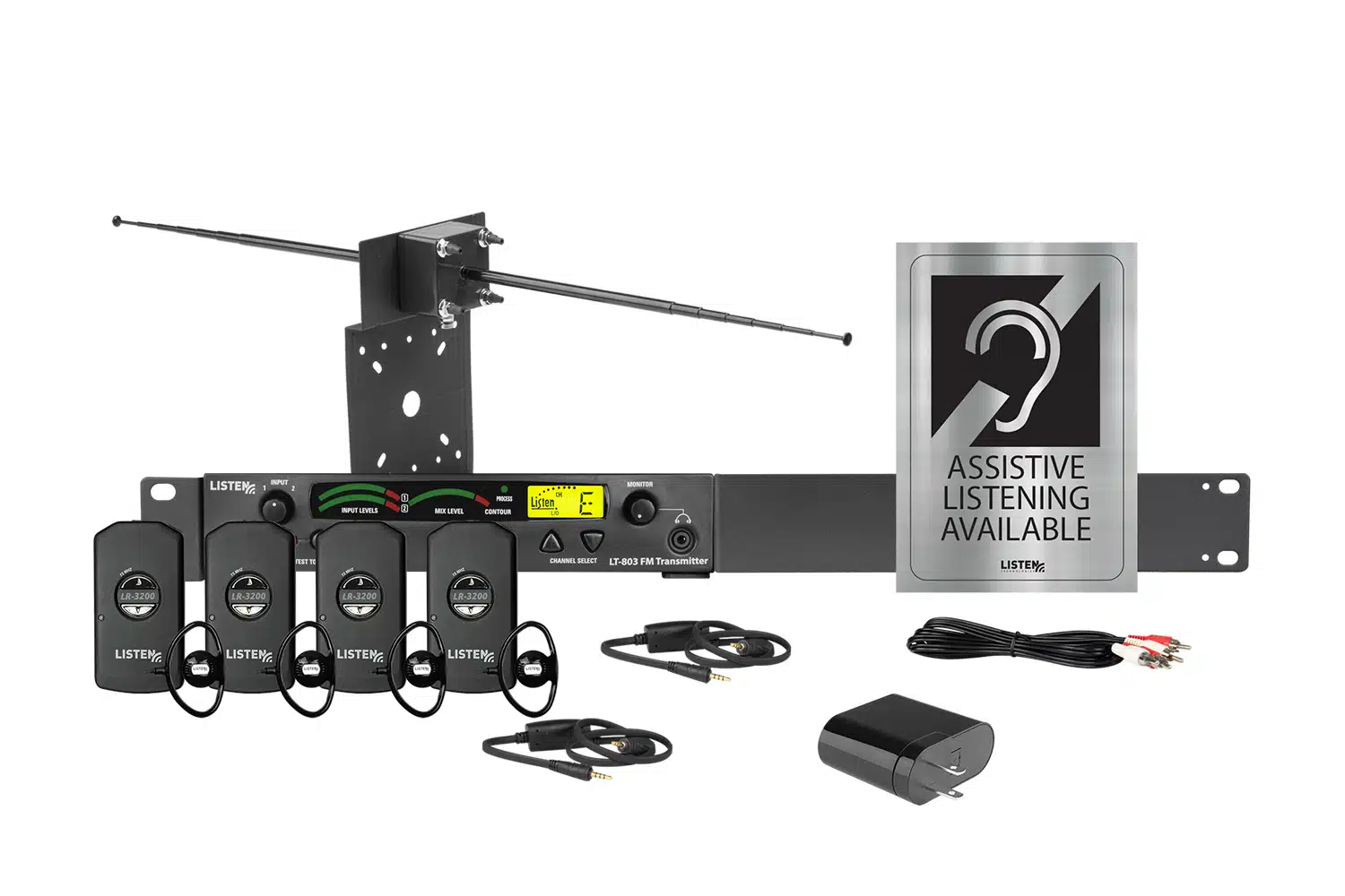 This picture is of the Listen iDSP Prime Level II Stationary RF System (72 MHz), which includes one (1) 3-Channel RF Transmitter (72 MHz), one (1) Universal Antenna Kit (72 MHz and 216 MHz), one (1) Universal Rack Mounting Kit, four (4) Intelligent DSP RF Receiver (72 MHz), four (4) Universal Ear Speaker, two (2) Intelligent Ear Phone/Neck Loop Lanyard, one (1) Dual RCA to Dual RCA Cable 6.6 ft. (2 m), one (1) 4-Port USB Charger, and one (1) Assistive Listening Notification Signage Kit.