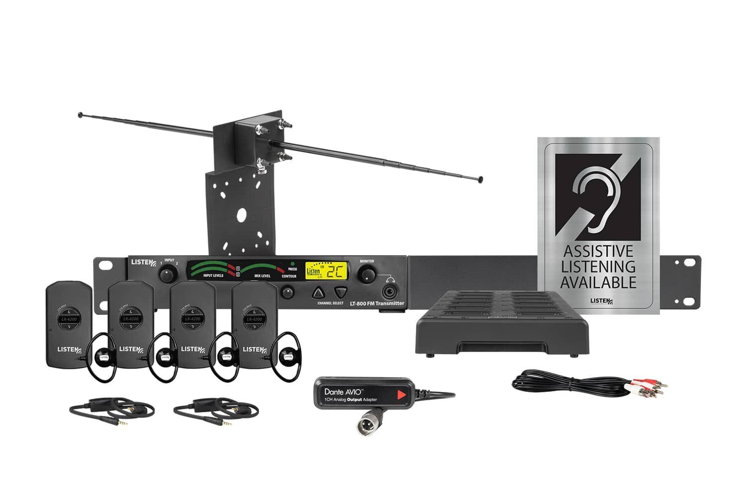 Composite image of an RF system featuring an RF transmitter, antenna, four receivers, four ear buds, two neck loops, a Dante dongle, a docking station with a charging cord, and signage.